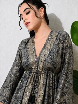 Paisley print work  v-neck fit & flare short dress with full sleeves  women western wear dress , printed poly muslin 4