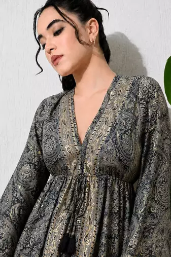 Paisley print work  v-neck fit & flare short dress with full sleeves  women western wear dress , printed poly muslin