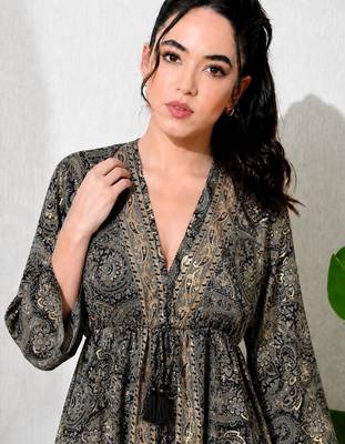 Paisley print work  v-neck fit & flare short dress with full sleeves  women western wear dress , printed poly muslin 5