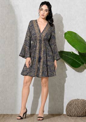 Paisley print work  v-neck fit & flare short dress with full sleeves  women western wear dress , printed poly muslin 1