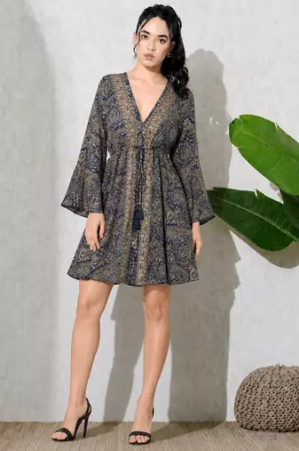 Paisley print work  v-neck fit & flare short dress with full sleeves  women western wear dress , printed poly muslin