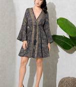 Paisley print work  v-neck fit & flare short dress with full sleeves  women western wear dress , printed poly muslin