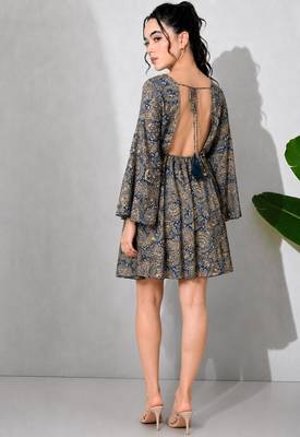 Paisley print work  v-neck fit & flare short dress with full sleeves  women western wear dress , printed poly muslin 2