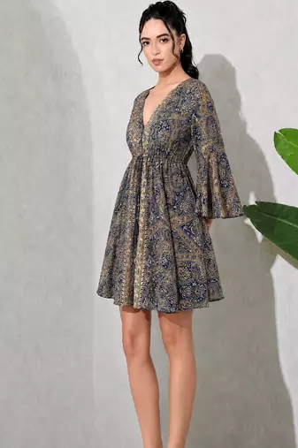 Paisley print work  v-neck fit & flare short dress with full sleeves  women western wear dress , printed poly muslin