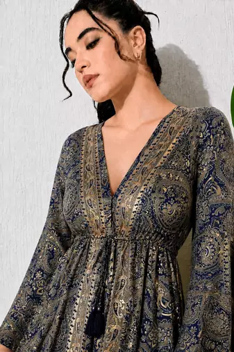 Paisley print work  v-neck fit & flare short dress with full sleeves  women western wear dress , printed poly muslin