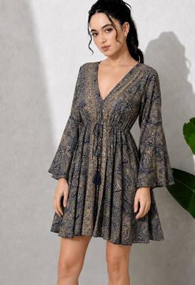 Paisley print work  v-neck fit & flare short dress with full sleeves  women western wear dress , printed poly muslin 5
