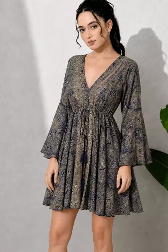 Paisley print work  v-neck fit & flare short dress with full sleeves  women western wear dress , printed poly muslin