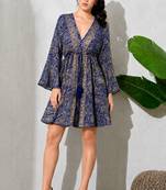 Paisley print work  v-neck fit & flare short dress with full sleeves  women western wear dress , printed poly muslin