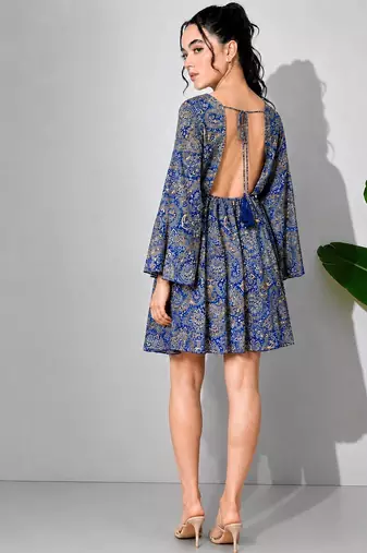 Paisley print work  v-neck fit & flare short dress with full sleeves  women western wear dress , printed poly muslin