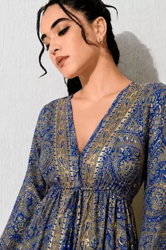 Paisley print work  v-neck fit & flare short dress with full sleeves  women western wear dress , printed poly muslin