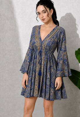 Paisley print work  v-neck fit & flare short dress with full sleeves  women western wear dress , printed poly muslin 5