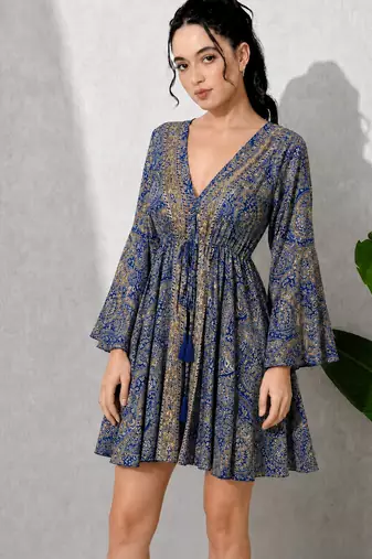 Paisley print work  v-neck fit & flare short dress with full sleeves  women western wear dress , printed poly muslin