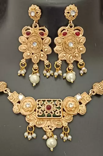 Green pink rectangle cz stones brass rajwadi jewellery set