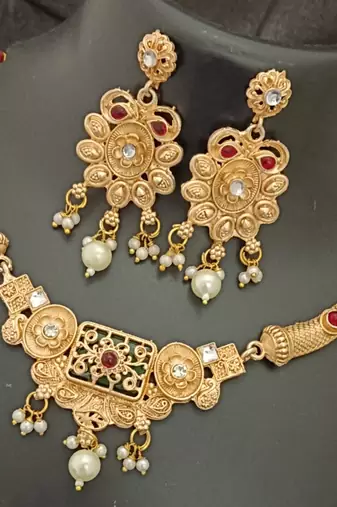 Green pink rectangle cz stones brass rajwadi jewellery set