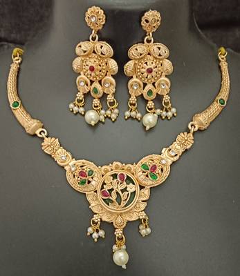Green pink round flower cz stones brass rajwadi jewellery set 1