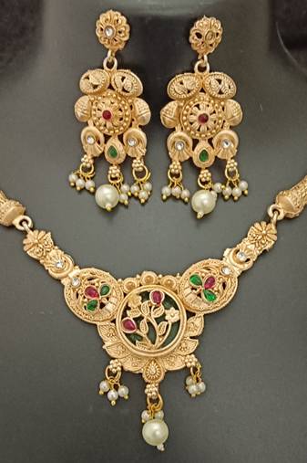 Green pink round flower cz stones brass rajwadi jewellery set