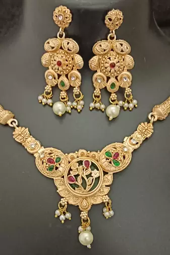Green pink round flower cz stones brass rajwadi jewellery set