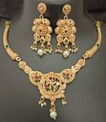 Green pink round flower cz stones brass rajwadi jewellery set