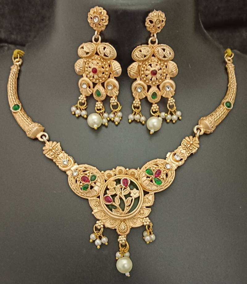 Green pink round flower cz stones brass rajwadi jewellery set