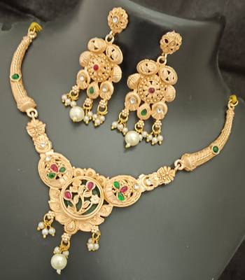 Green pink round flower cz stones brass rajwadi jewellery set 2