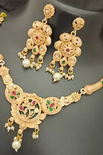 Green pink round flower cz stones brass rajwadi jewellery set