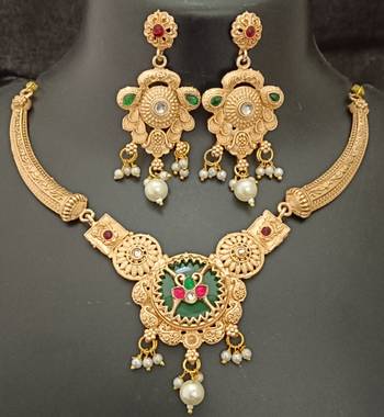 Green pink round cz stones brass rajwadi jewellery set 1