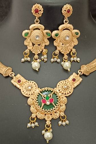 Green pink round cz stones brass rajwadi jewellery set