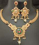 Green pink round cz stones brass rajwadi jewellery set