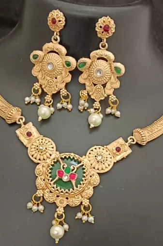 Green pink round cz stones brass rajwadi jewellery set