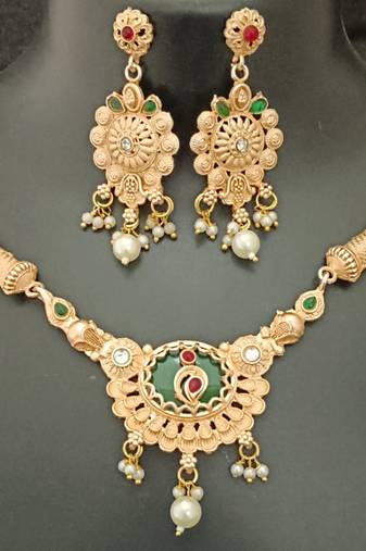 Green pink round cz round mango stones brass rajwadi jewellery set