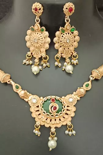 Green pink round cz round mango stones brass rajwadi jewellery set