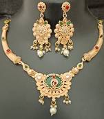 Green pink round cz round mango stones brass rajwadi jewellery set
