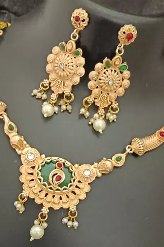 Green pink round cz round mango stones brass rajwadi jewellery set