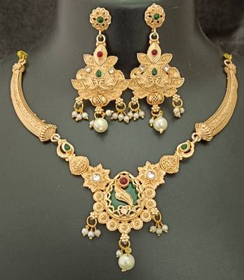 Green pink round cz drop stones brass rajwadi jewellery set 1