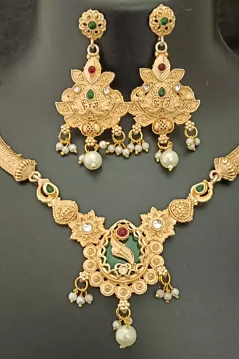 Green pink round cz drop stones brass rajwadi jewellery set