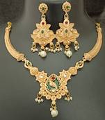 Green pink round cz drop stones brass rajwadi jewellery set