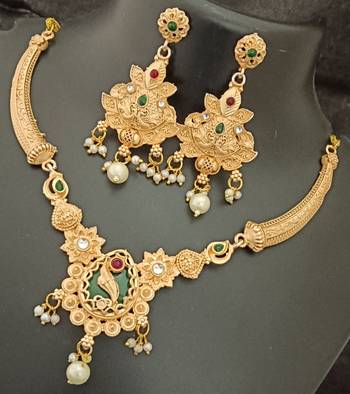 Green pink round cz drop stones brass rajwadi jewellery set 2