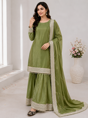 Olive Color Embroidery And Sequience Work Silk Blend Salwar Suit 1