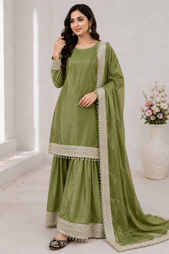 Olive Color Embroidery And Sequience Work Silk Blend Salwar Suit