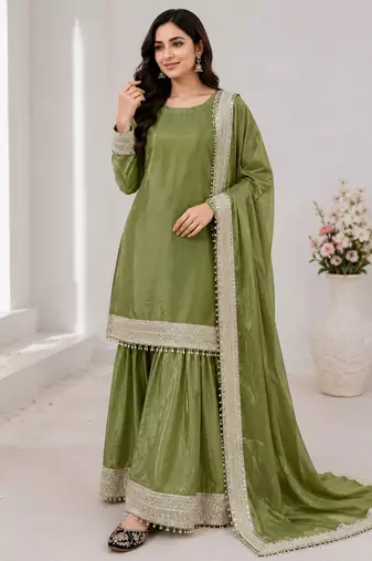 Olive Color Embroidery And Sequience Work Silk Blend Salwar Suit