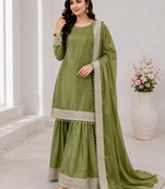 Olive Color Embroidery And Sequience Work Silk Blend Salwar Suit