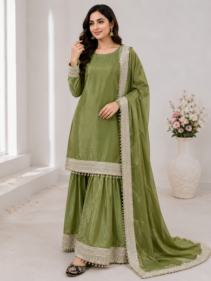 Olive Color Embroidery And Sequience Work Silk Blend Salwar Suit