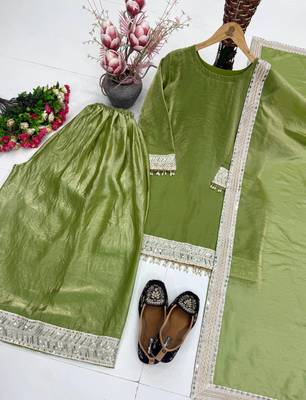 Olive Color Embroidery And Sequience Work Silk Blend Salwar Suit 3