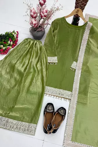 Olive Color Embroidery And Sequience Work Silk Blend Salwar Suit