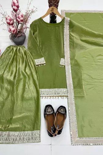 Olive Color Embroidery And Sequience Work Silk Blend Salwar Suit