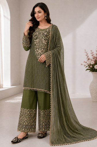 Mehndi Green Color Embroidery And Sequence Work Silk Blend Salwar Suit