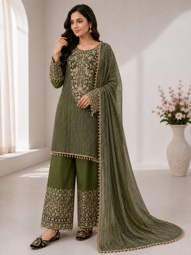 Mehndi Green Color Embroidery And Sequence Work Silk Blend Salwar Suit