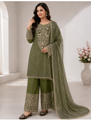 Mehndi Green Color Embroidery And Sequence Work Silk Blend Salwar Suit 2