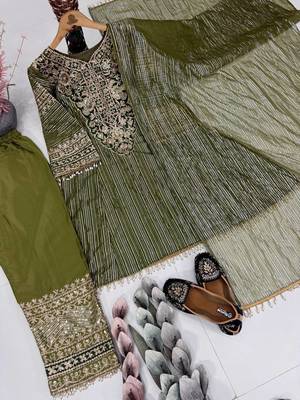 Mehndi Green Color Embroidery And Sequence Work Silk Blend Salwar Suit 3