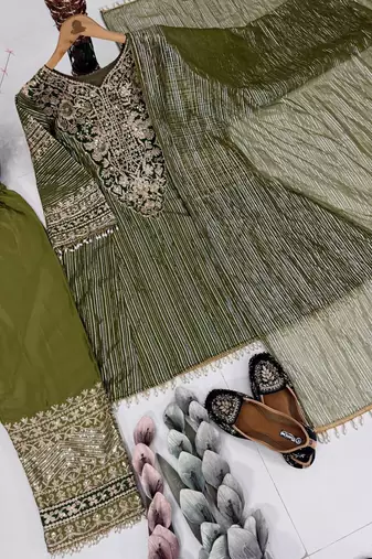 Mehndi Green Color Embroidery And Sequence Work Silk Blend Salwar Suit